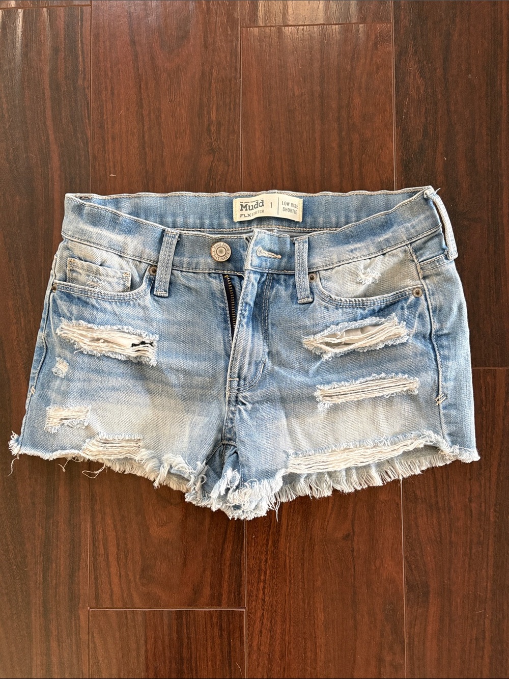 Low Rise Faded Blue Distressed Cutoff Denim Shorts